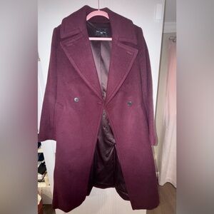 Club Monaco Daylina double-breasted wool blend coat in burgundy.